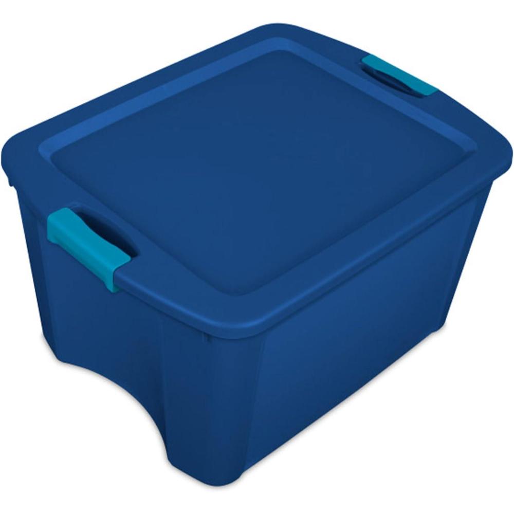 imageSterilite 18 Gal Latch and Carry Stackable Storage Bin with Latching Lid Plastic Tote Container to Organize Closets Blue with Blue Lid 6Pack