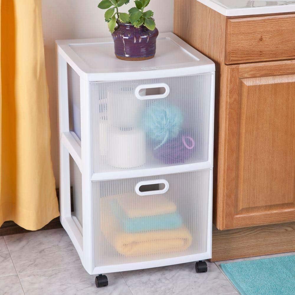 imageSterilite Ultra 2 Drawer Filing Storage Cart Plastic Rolling Cart with Wheels to Organize Desk Office White with Textured Clear Drawers 2Pack