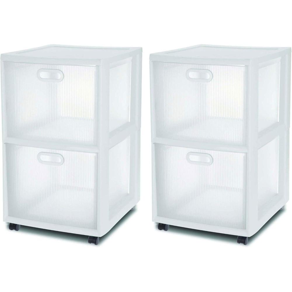 imageSterilite Ultra 2 Drawer Filing Storage Cart Plastic Rolling Cart with Wheels to Organize Desk Office White with Textured Clear Drawers 2Pack