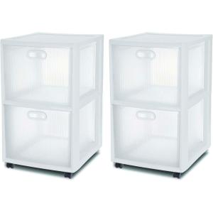 Sterilite Ultra 2 Drawer Filing Storage Cart, Plastic Rolling Cart with Wheels to Organize Desk, Office, White with Textured Clear Drawers, 2-Pack