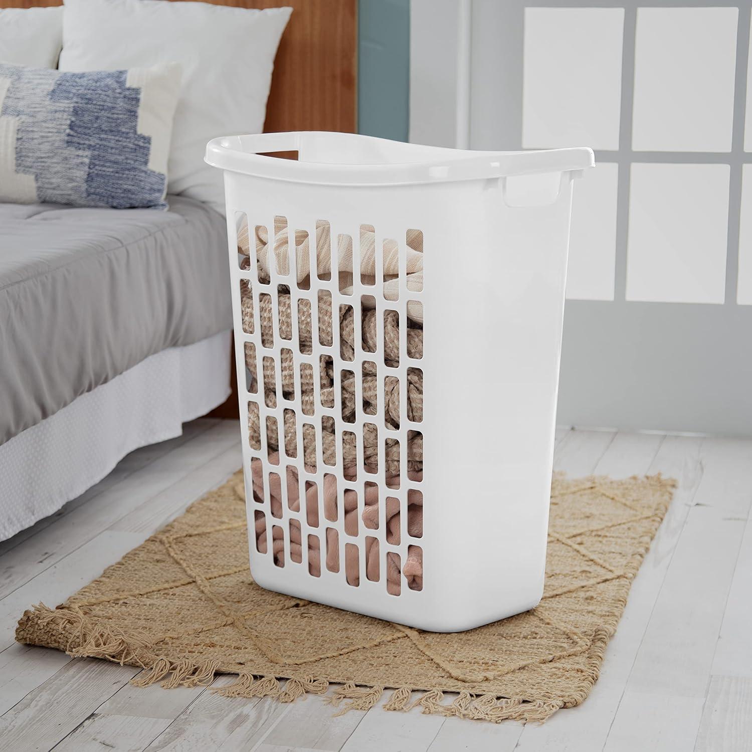 imageSterilite Rectangular Open Laundry Hamper Tall and Slim Plastic Hamper with Handles for Carrying Clothes to and from the Laundry Room White 6Pack