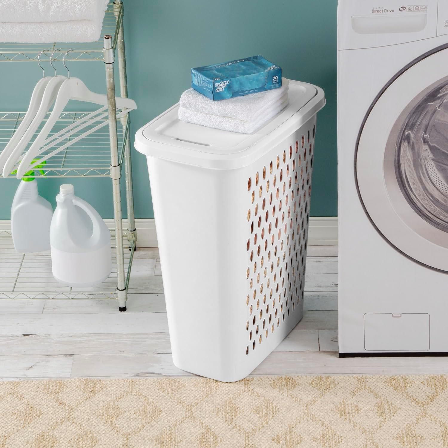 imageSterilite Slim Laundry Hamper with Lid Tall Plastic Hamper for Collecting Dirty Clothes or Sorting Clean Clothes White 4Pack