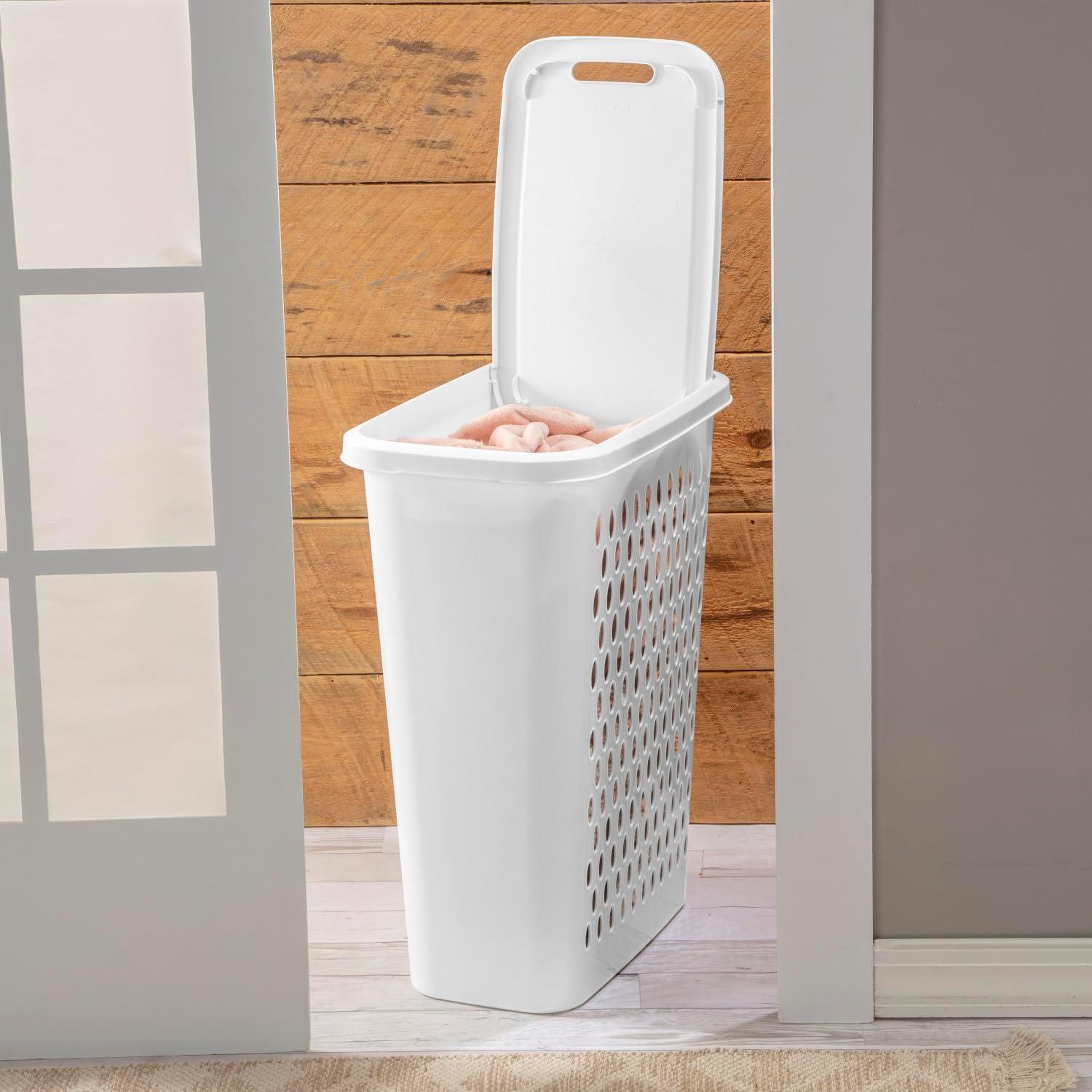 imageSterilite Slim Laundry Hamper with Lid Tall Plastic Hamper for Collecting Dirty Clothes or Sorting Clean Clothes White 4Pack