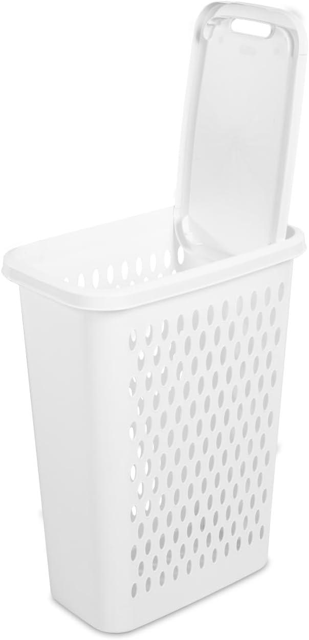imageSterilite Slim Laundry Hamper with Lid Tall Plastic Hamper for Collecting Dirty Clothes or Sorting Clean Clothes White 4Pack