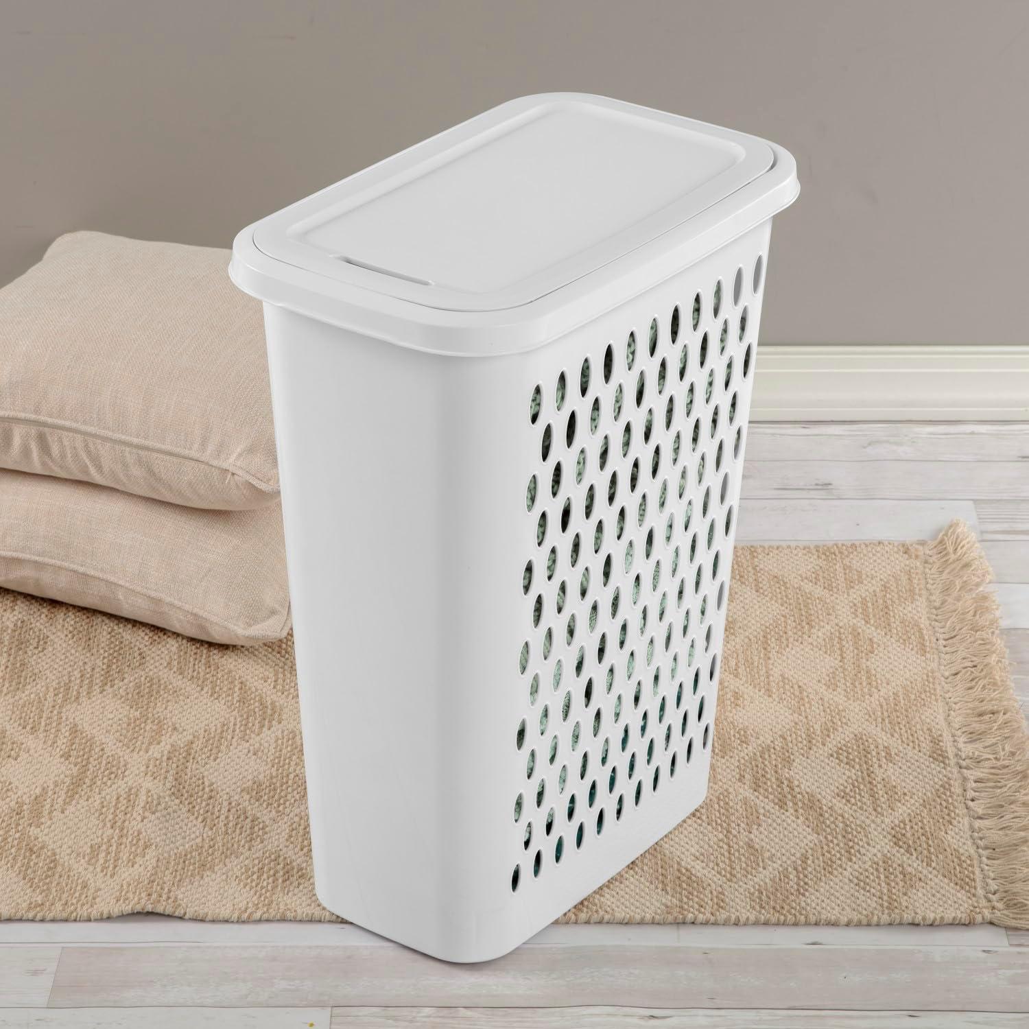 imageSterilite Slim Laundry Hamper with Lid Tall Plastic Hamper for Collecting Dirty Clothes or Sorting Clean Clothes White 4Pack