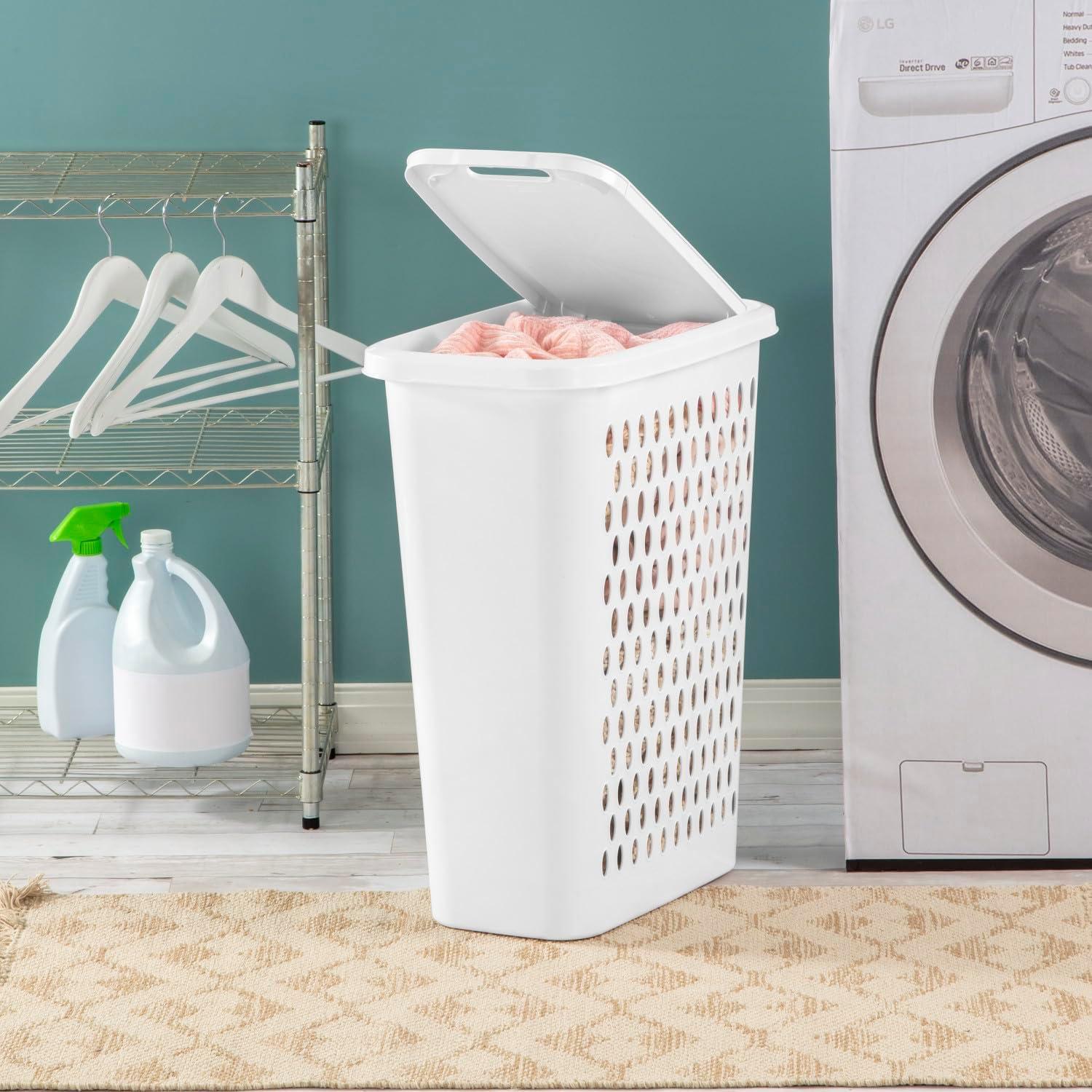 imageSterilite Slim Laundry Hamper with Lid Tall Plastic Hamper for Collecting Dirty Clothes or Sorting Clean Clothes White 4Pack