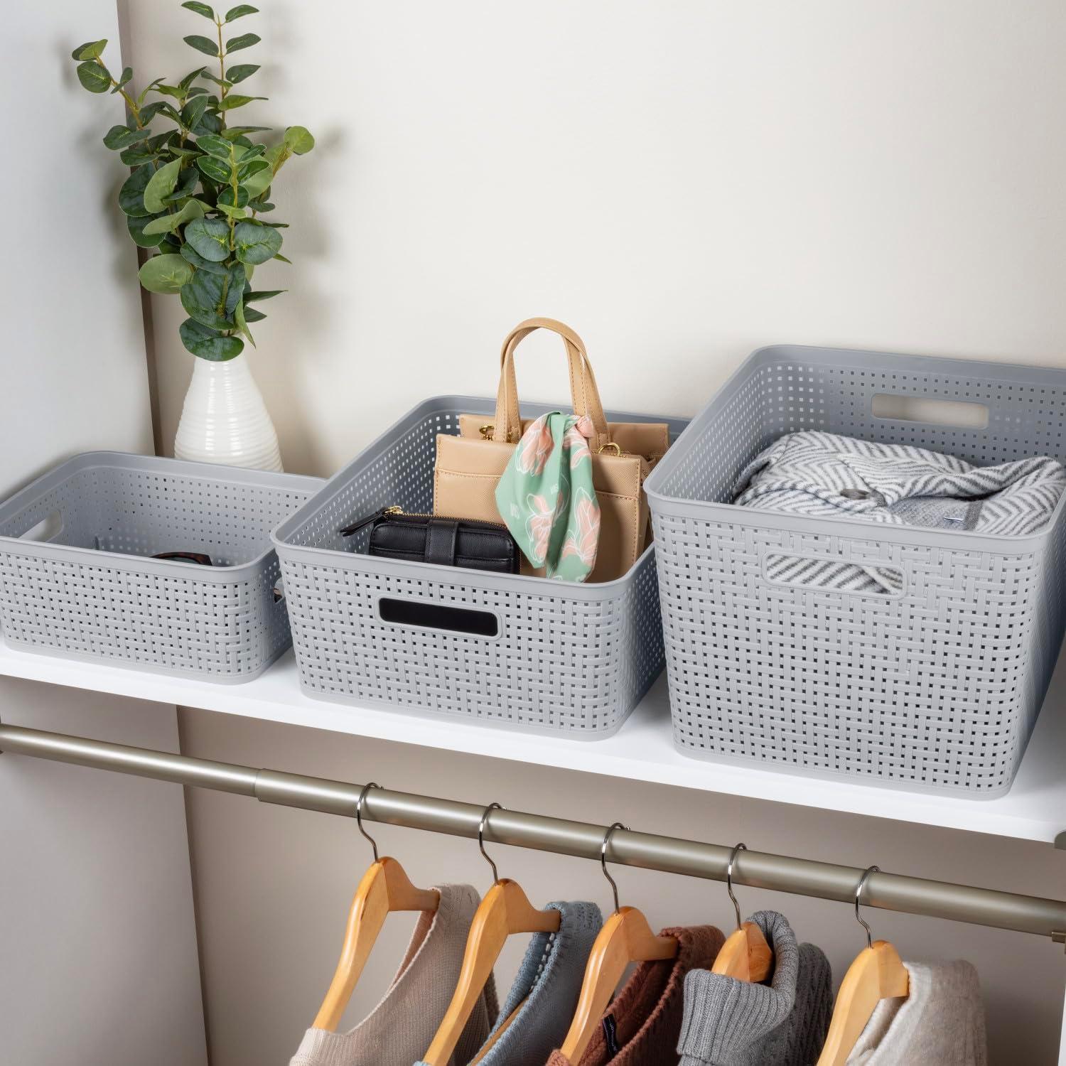 imageSterilite Tall Basket Plastic Decorative Storage Basket for Organizing the Classroom Closet Bedroom and Laundry Room Gray 6Pack
