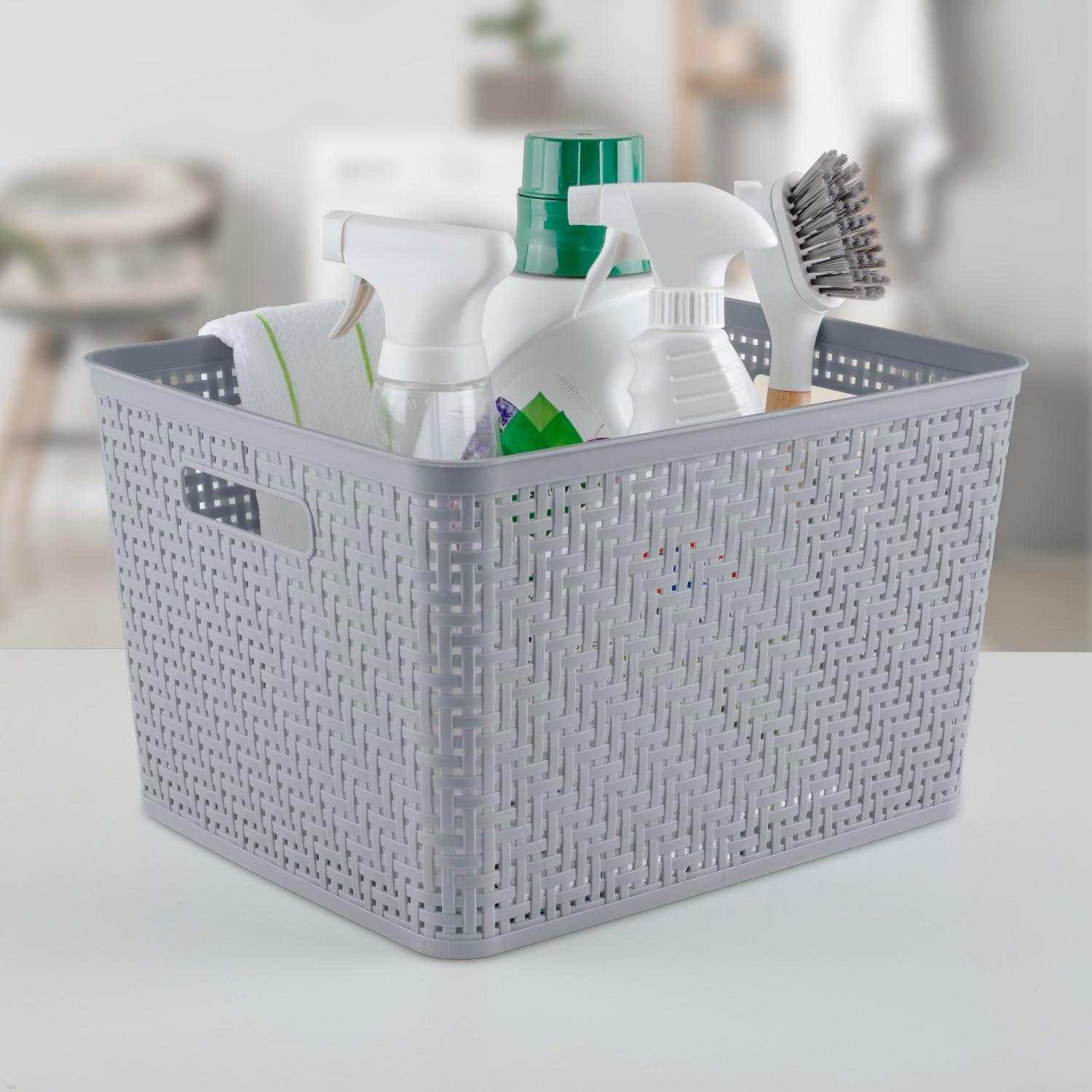 imageSterilite Tall Basket Plastic Decorative Storage Basket for Organizing the Classroom Closet Bedroom and Laundry Room Gray 6Pack