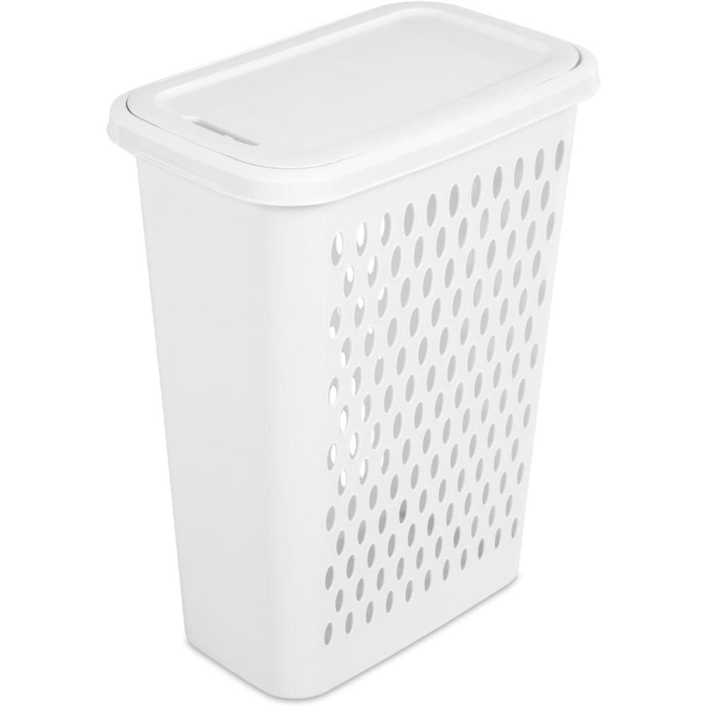 imageSterilite Slim Laundry Hamper with Lid Tall Plastic Hamper for Collecting Dirty Clothes or Sorting Clean Clothes White 4Pack
