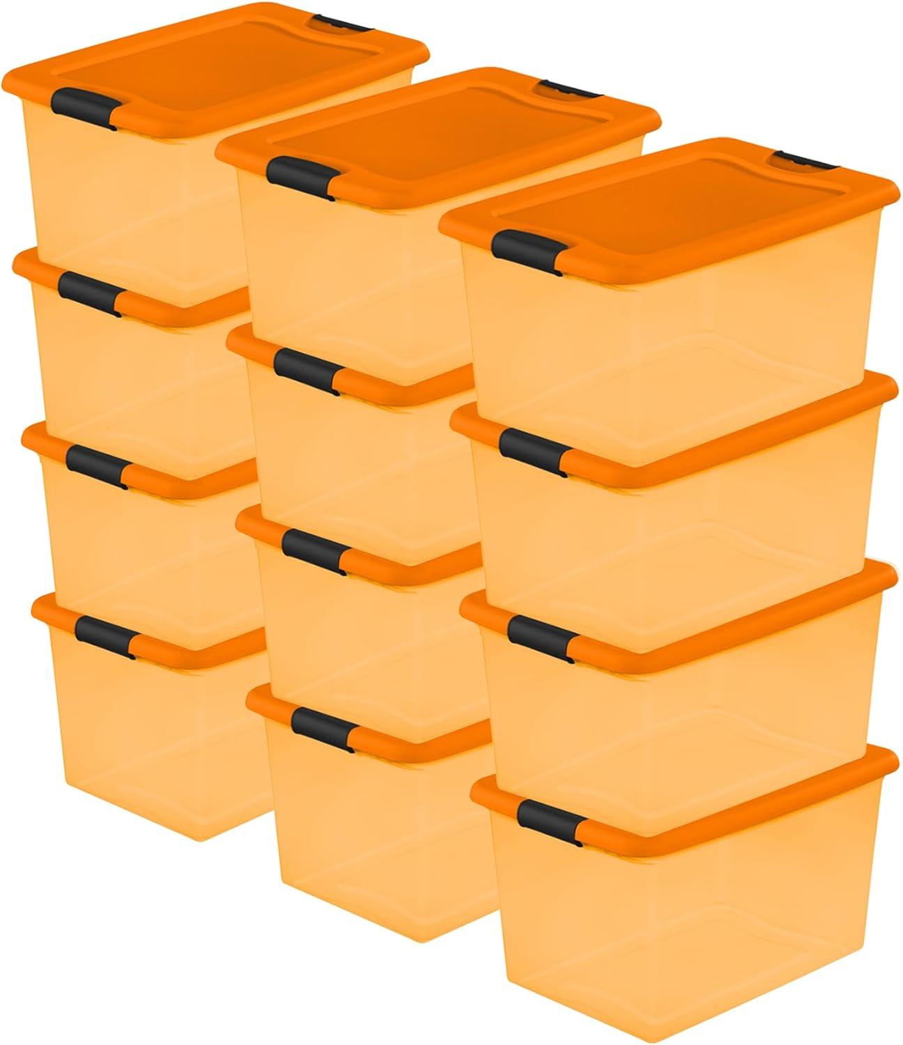 imageSterilite 64 Qt Latching Storage Box Stackable Bin with Latch Lid Plastic Container to Organize Halloween Decor Orange Tint with Orange Lid 6PackOrange