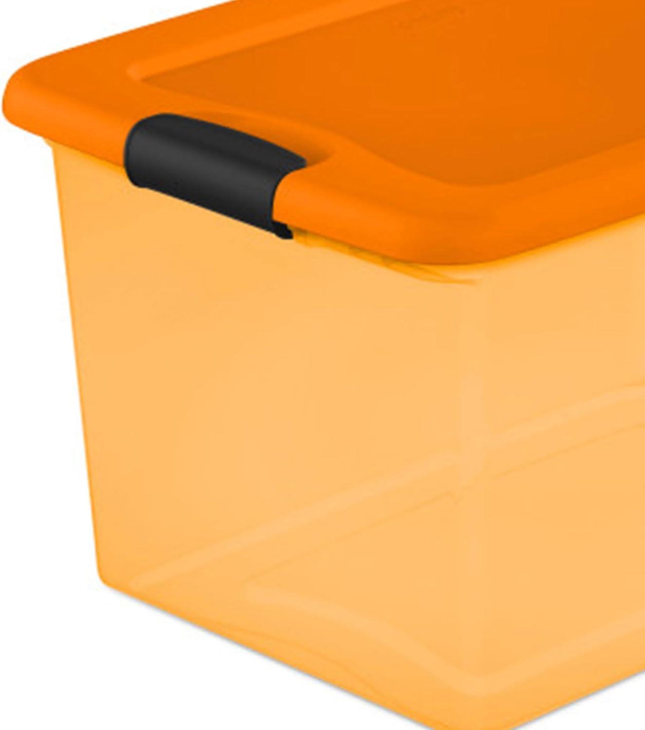 imageSterilite 64 Qt Latching Storage Box Stackable Bin with Latch Lid Plastic Container to Organize Halloween Decor Orange Tint with Orange Lid 6PackOrange