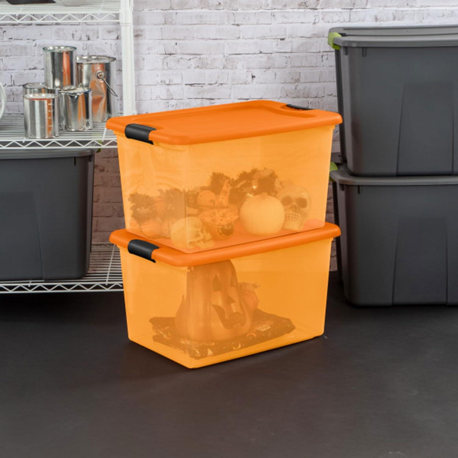 imageSterilite 64 Qt Latching Storage Box Stackable Bin with Latch Lid Plastic Container to Organize Halloween Decor Orange Tint with Orange Lid 6PackOrange