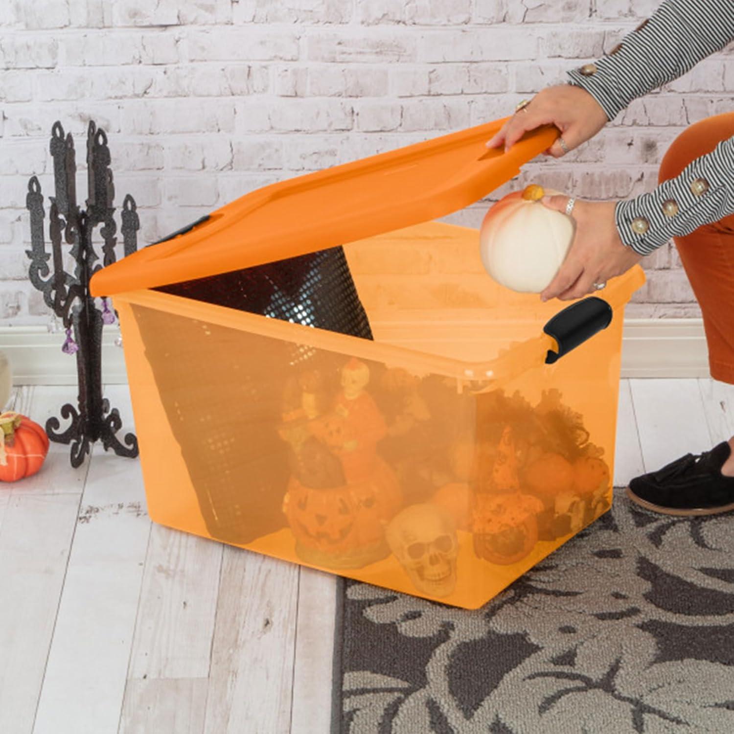imageSterilite 64 Qt Latching Storage Box Stackable Bin with Latch Lid Plastic Container to Organize Halloween Decor Orange Tint with Orange Lid 6PackOrange