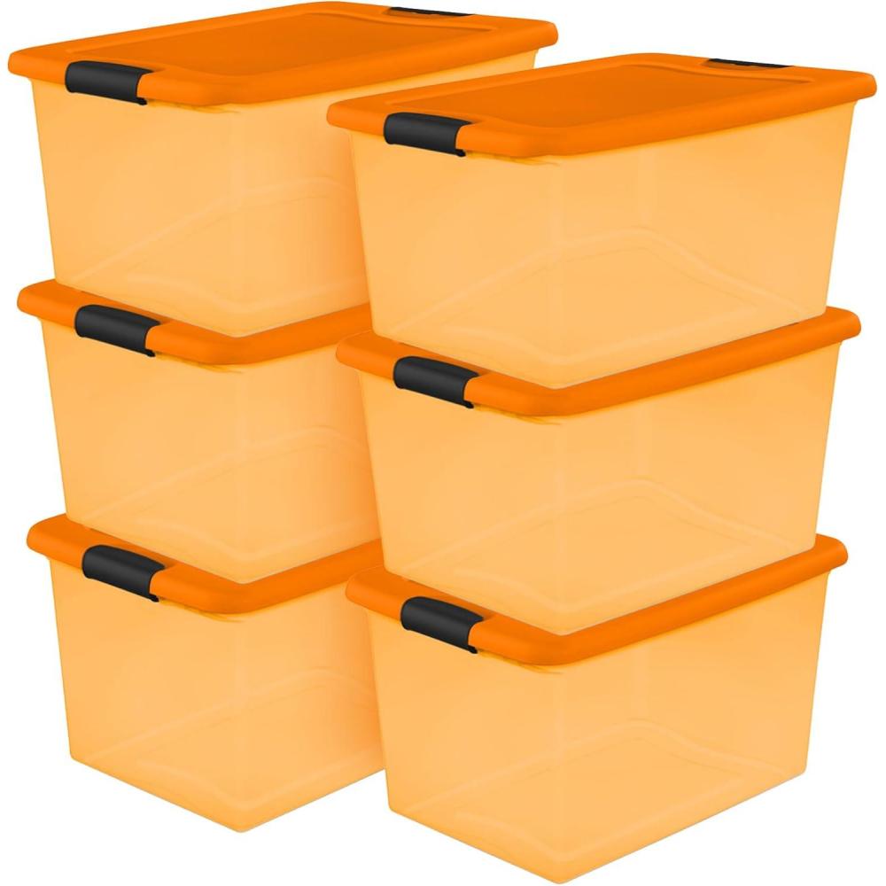 imageSterilite 64 Qt Latching Storage Box Stackable Bin with Latch Lid Plastic Container to Organize Halloween Decor Orange Tint with Orange Lid 6PackOrange