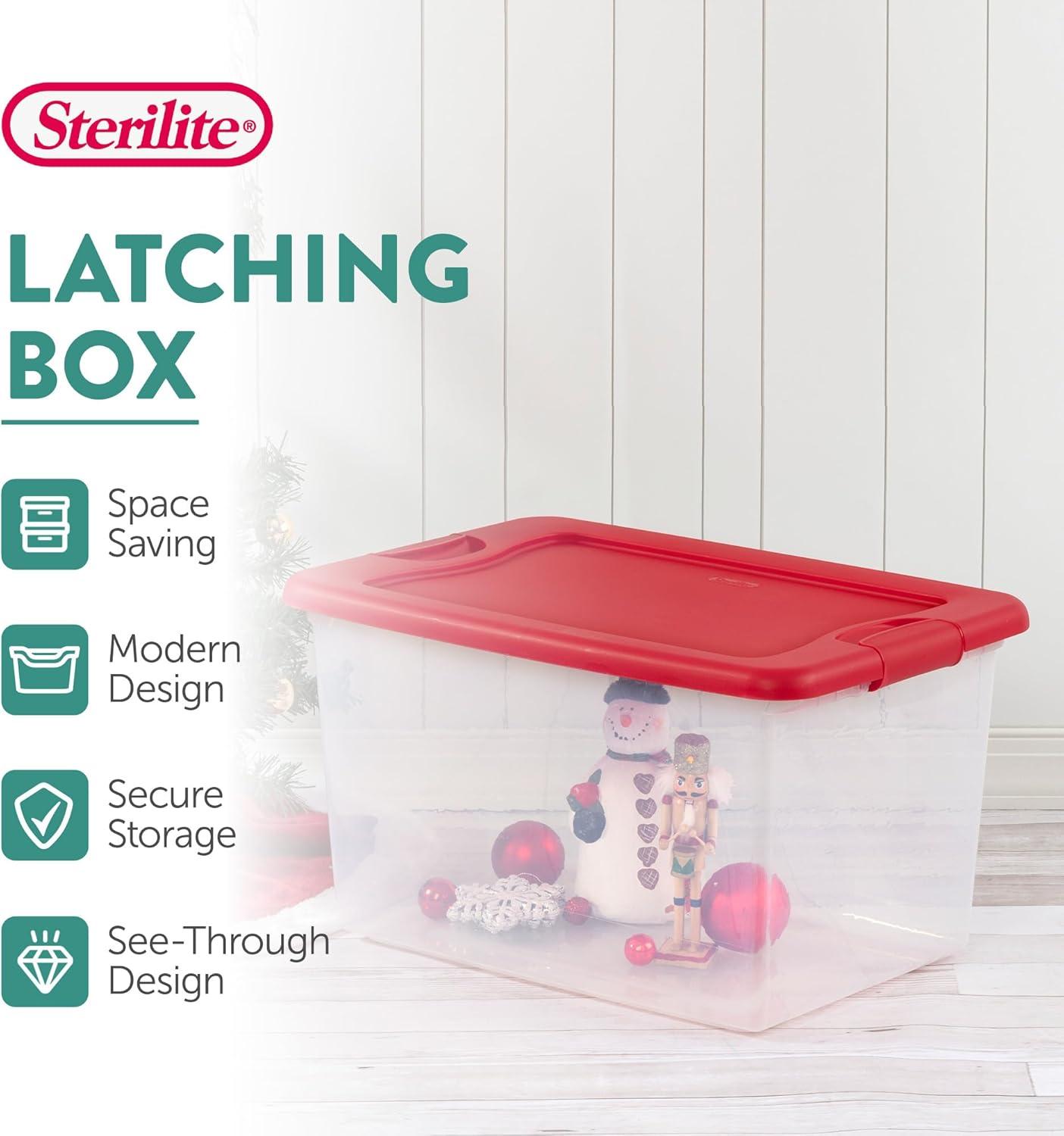 imageSterilite 64 Qt Latching Storage Box Stackable Bin with Latch Lid Organize Holiday Decor in Closet Clear Base with Red Lid 6Pack