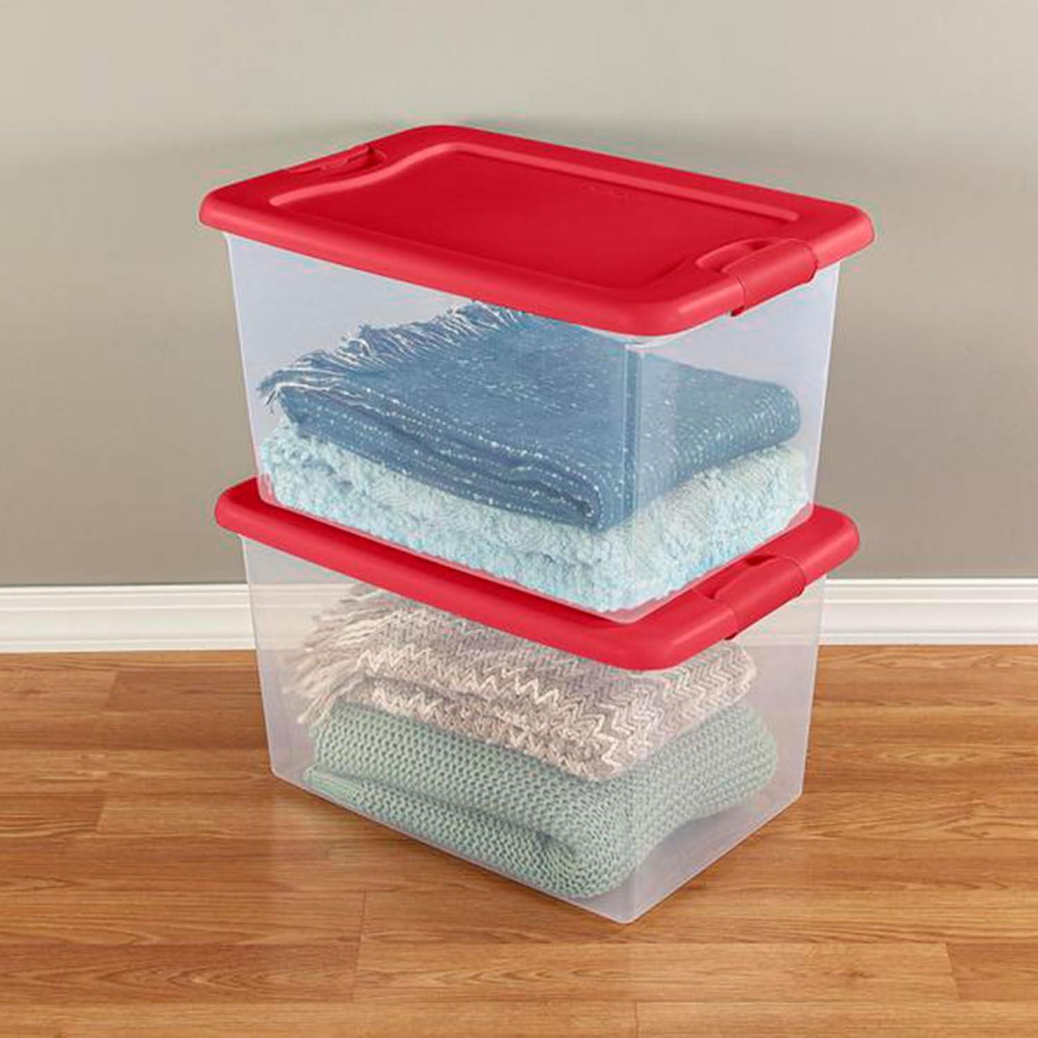 imageSterilite 64 Qt Latching Storage Box Stackable Bin with Latch Lid Organize Holiday Decor in Closet Clear Base with Red Lid 6Pack