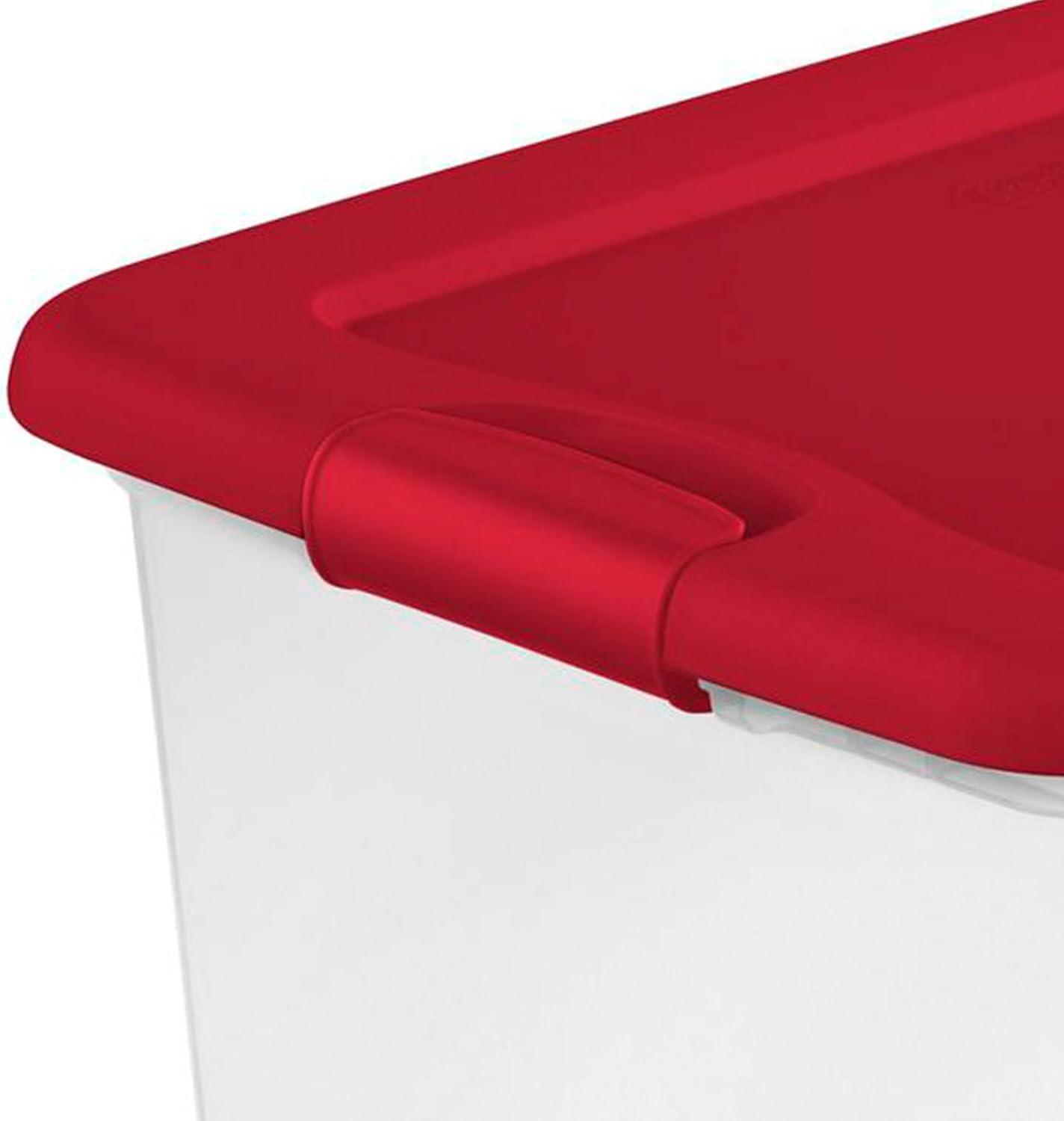 imageSterilite 64 Qt Latching Storage Box Stackable Bin with Latch Lid Organize Holiday Decor in Closet Clear Base with Red Lid 6Pack