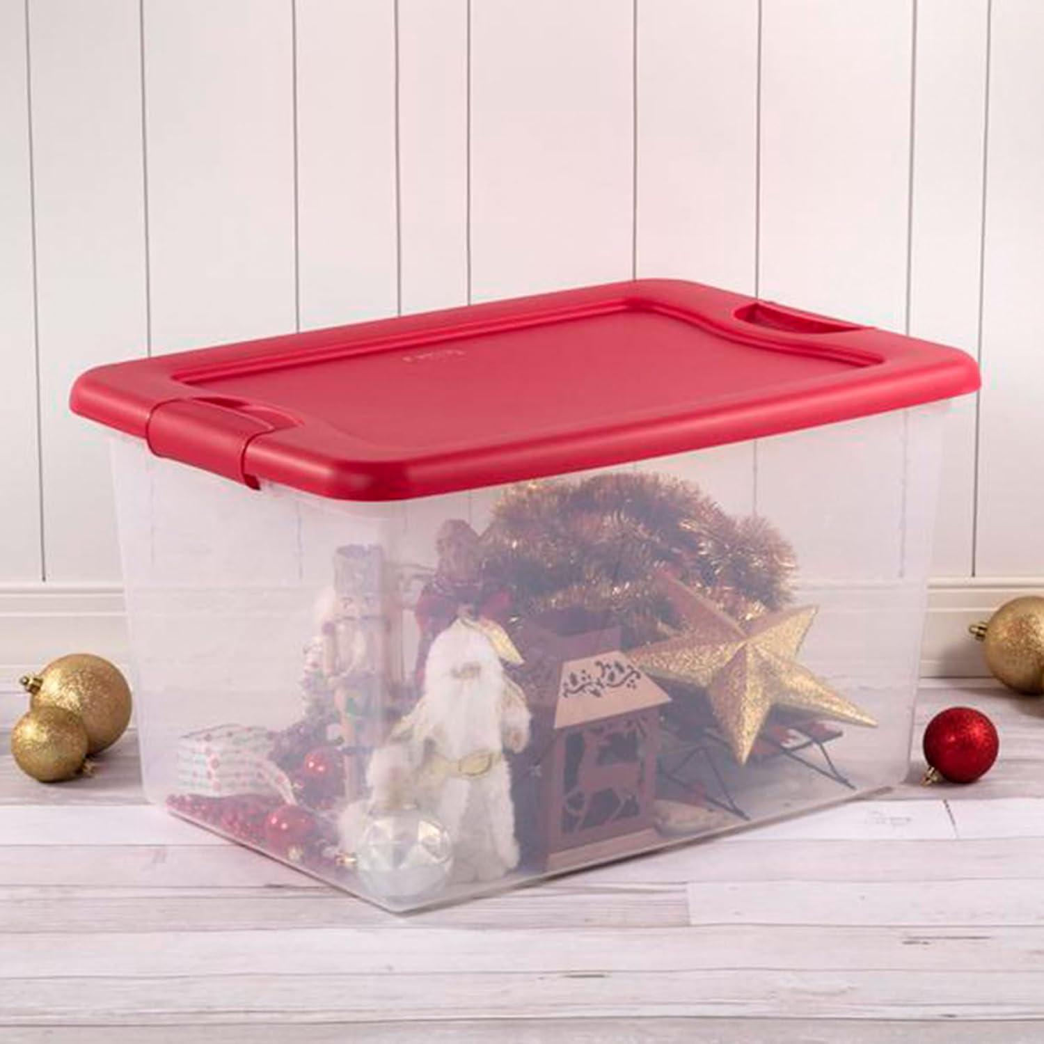 imageSterilite 64 Qt Latching Storage Box Stackable Bin with Latch Lid Organize Holiday Decor in Closet Clear Base with Red Lid 6Pack
