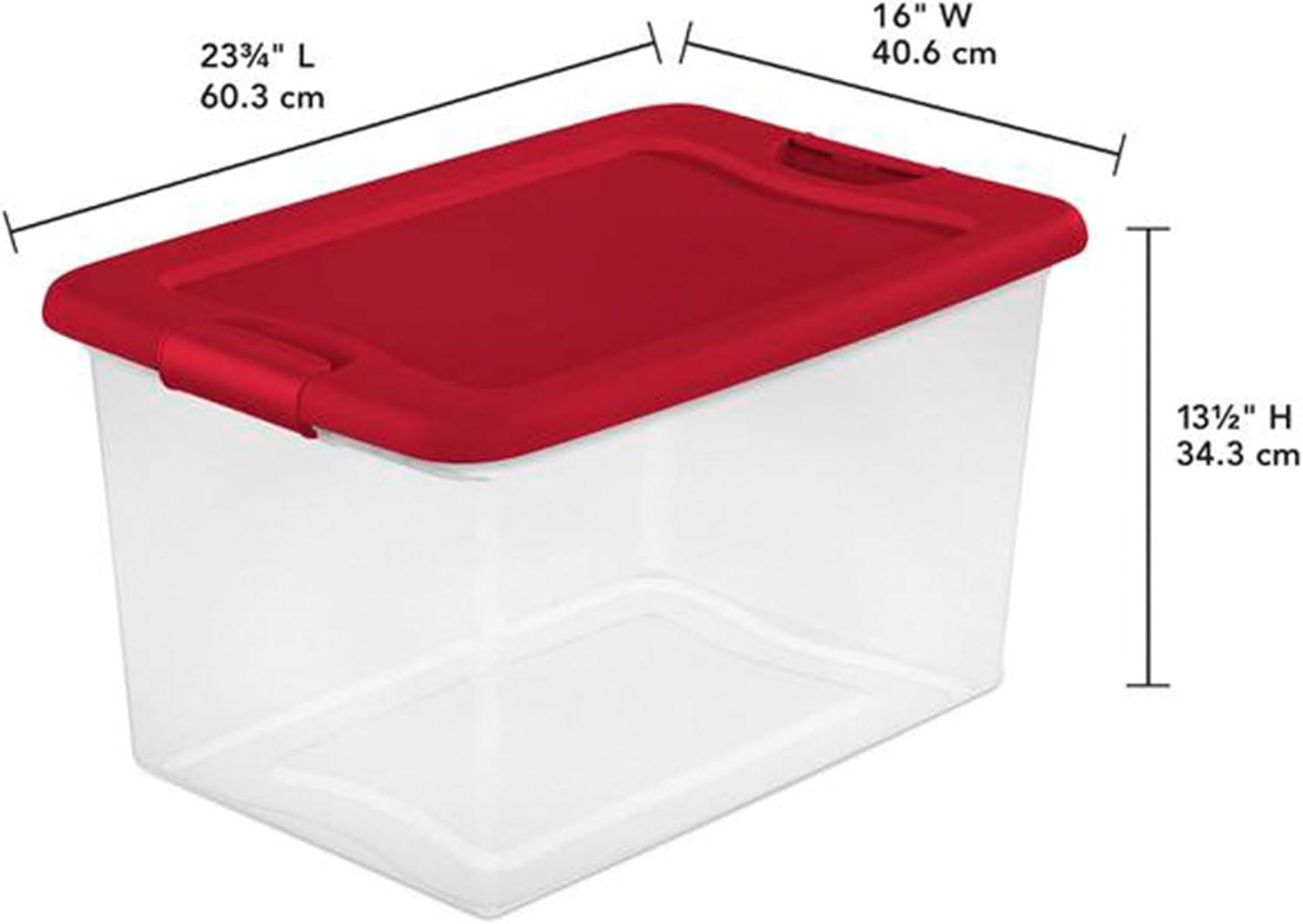 imageSterilite 64 Qt Latching Storage Box Stackable Bin with Latch Lid Organize Holiday Decor in Closet Clear Base with Red Lid 6Pack