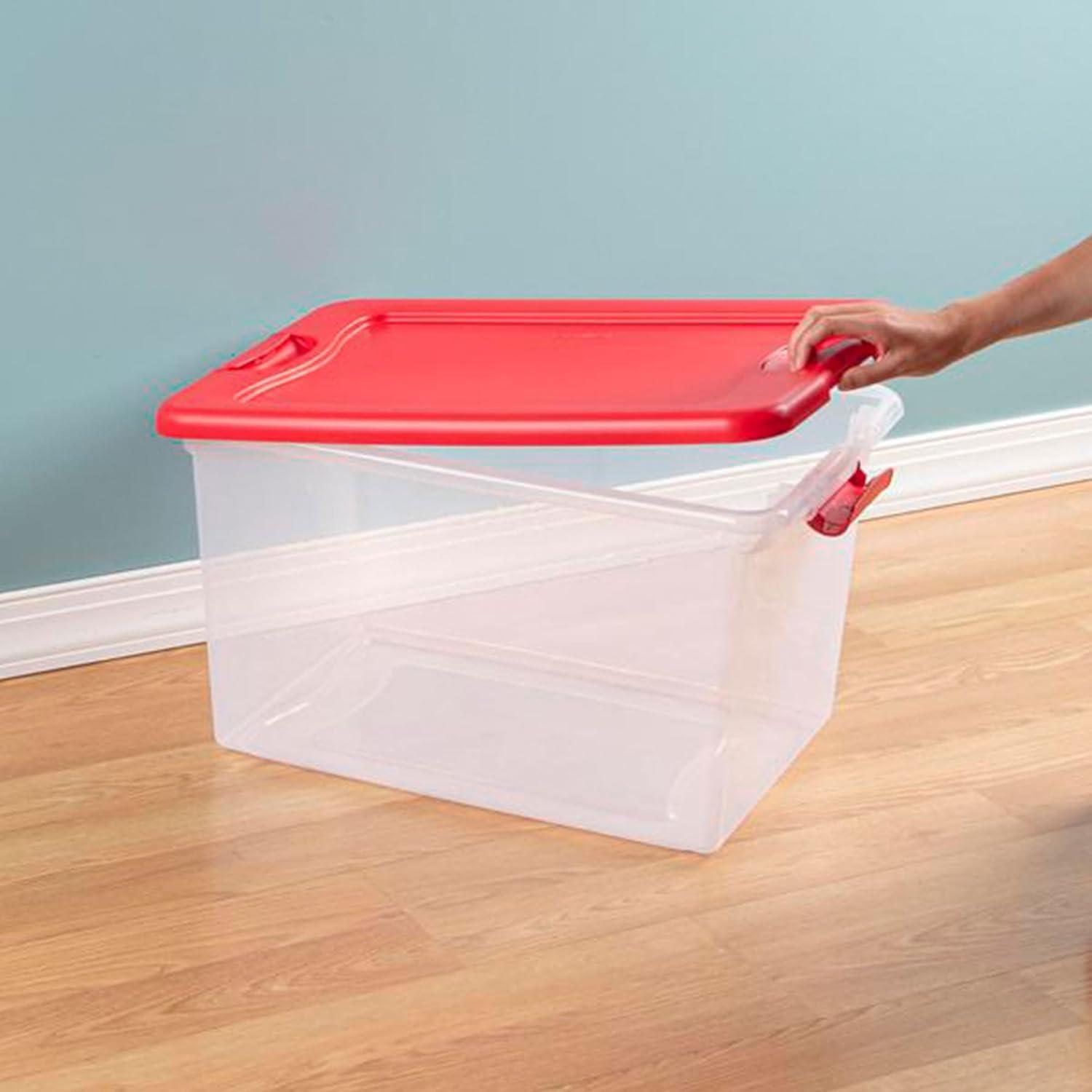 imageSterilite 64 Qt Latching Storage Box Stackable Bin with Latch Lid Organize Holiday Decor in Closet Clear Base with Red Lid 6Pack