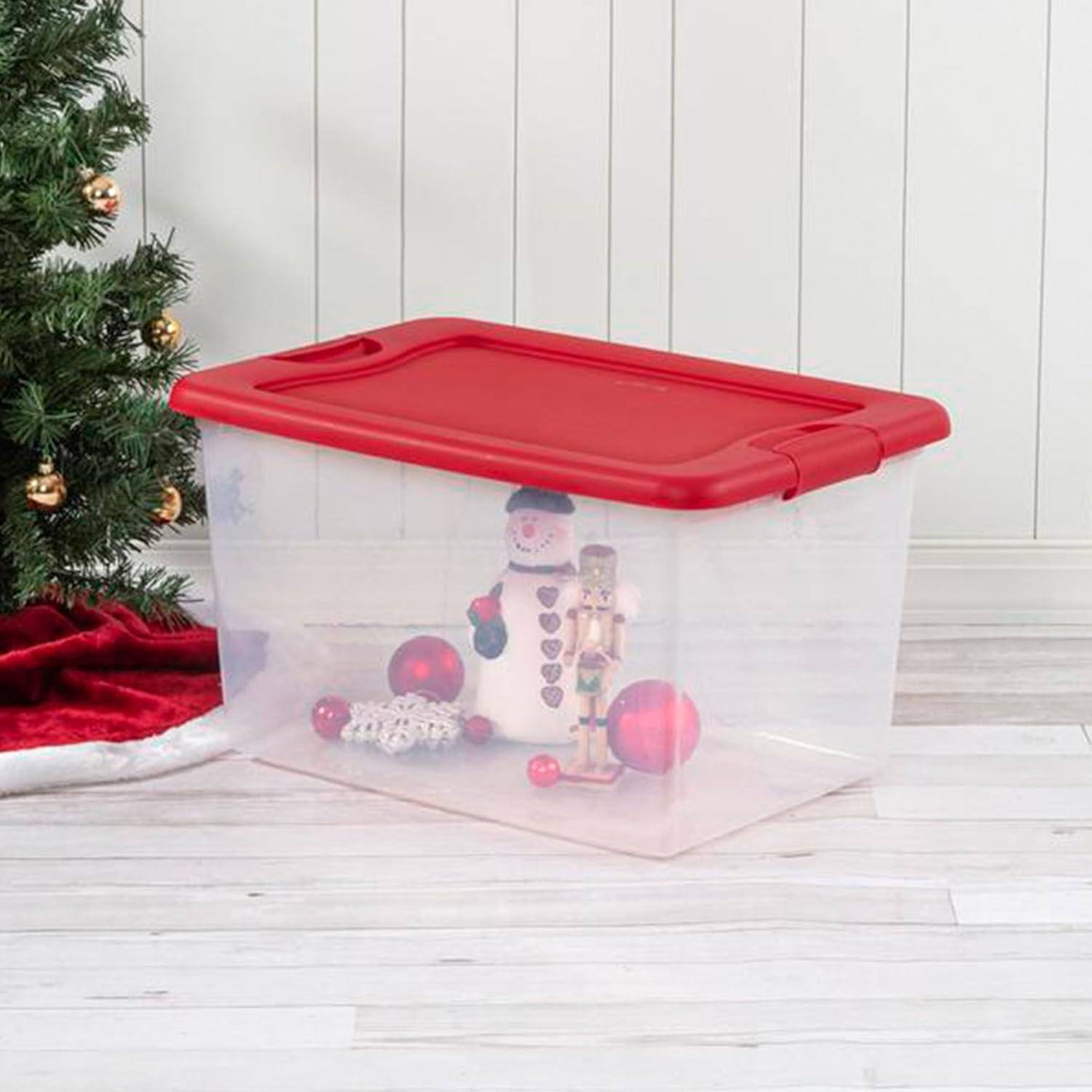 imageSterilite 64 Qt Latching Storage Box Stackable Bin with Latch Lid Organize Holiday Decor in Closet Clear Base with Red Lid 6Pack