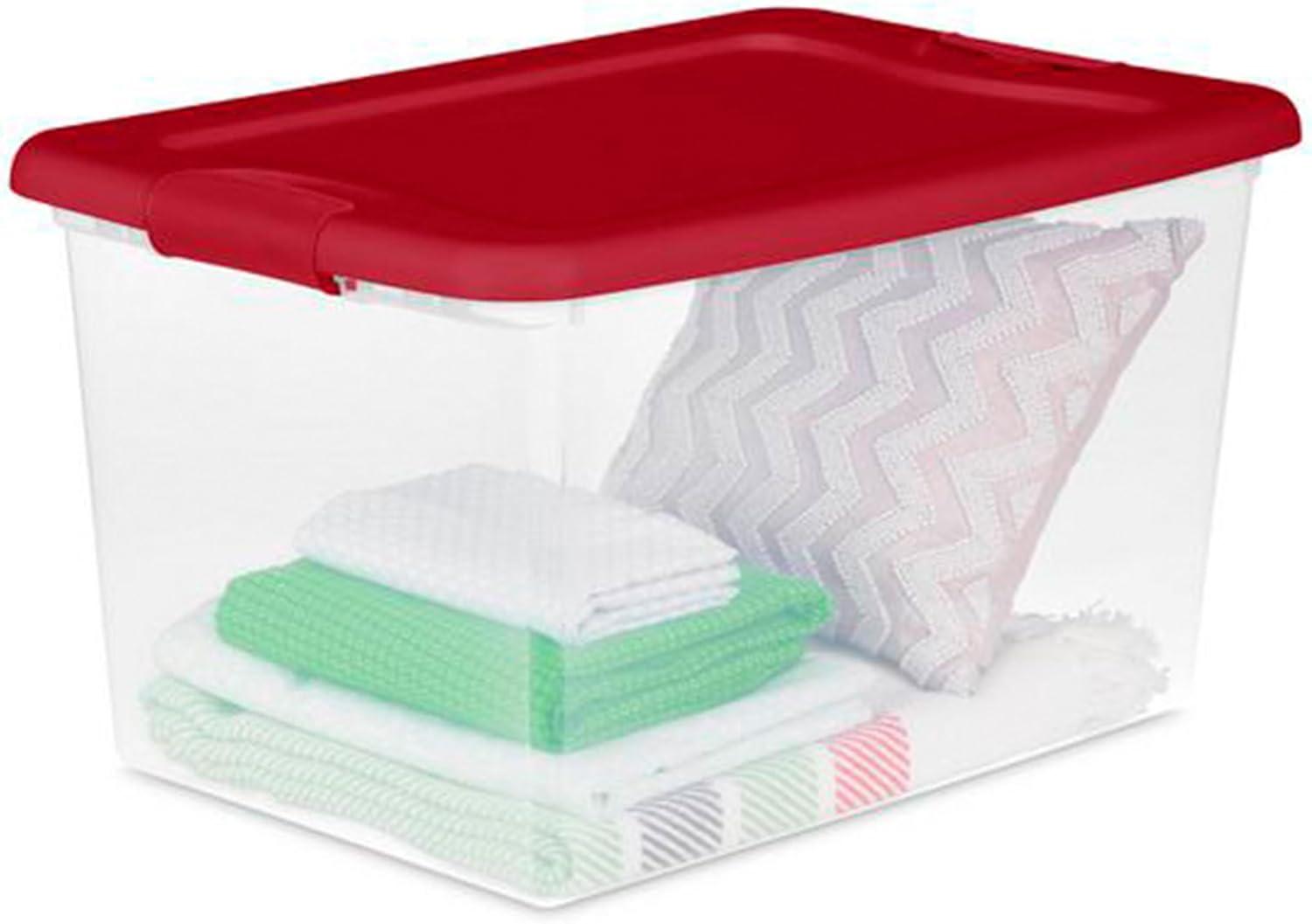 imageSterilite 64 Qt Latching Storage Box Stackable Bin with Latch Lid Organize Holiday Decor in Closet Clear Base with Red Lid 6Pack