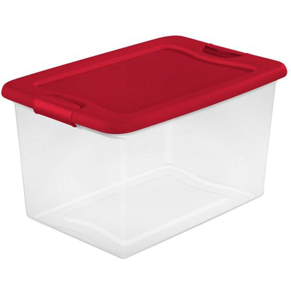 imageSterilite 64 Qt Latching Storage Box Stackable Bin with Latch Lid Organize Holiday Decor in Closet Clear Base with Red Lid 6Pack