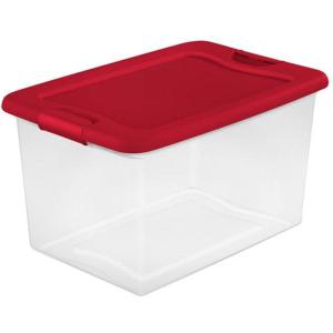 Sterilite 64 Qt Latching Storage Box, Stackable Bin with Latch Lid, Organize Holiday Decor in Closet, Clear Base with Red Lid, 6-Pack