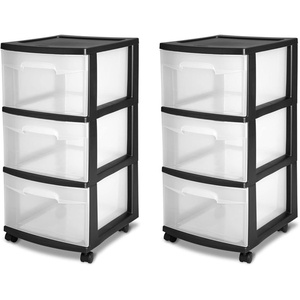 Sterilite 3 Drawer Storage Cart, Plastic Rolling Cart with Wheels Organize Clothes in Bedroom Closet, Easy Assembly, Black with Clear Drawers, 2-Pack