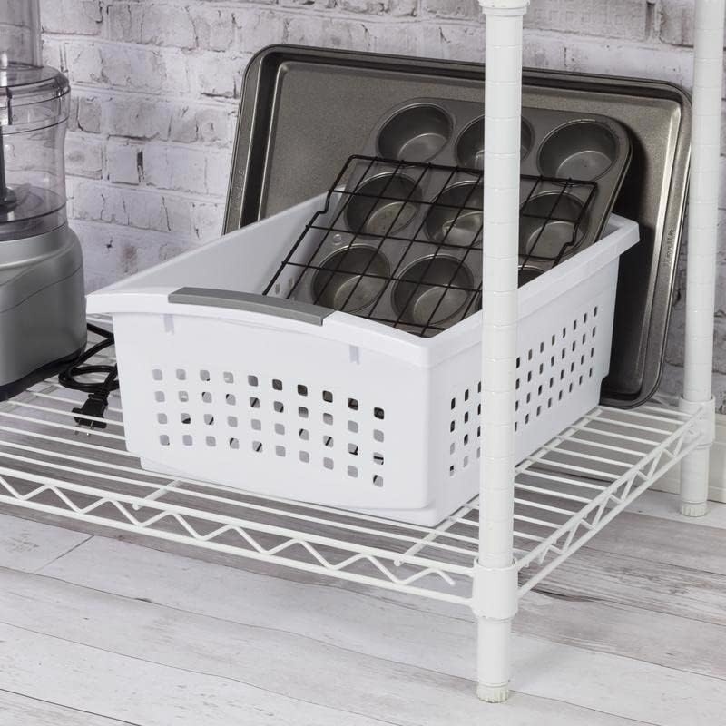 image:imageSterilite Large Stacking Basket Plastic Storage Bin for Organizing Countertops Pantry or Classroom White Basket with Gray Handles 10pack