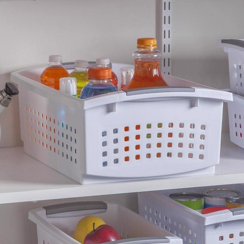 image:imageSterilite Large Stacking Basket Plastic Storage Bin for Organizing Countertops Pantry or Classroom White Basket with Gray Handles 10pack