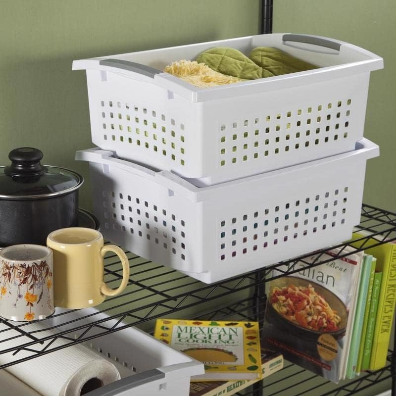 image:imageSterilite Large Stacking Basket Plastic Storage Bin for Organizing Countertops Pantry or Classroom White Basket with Gray Handles 10pack