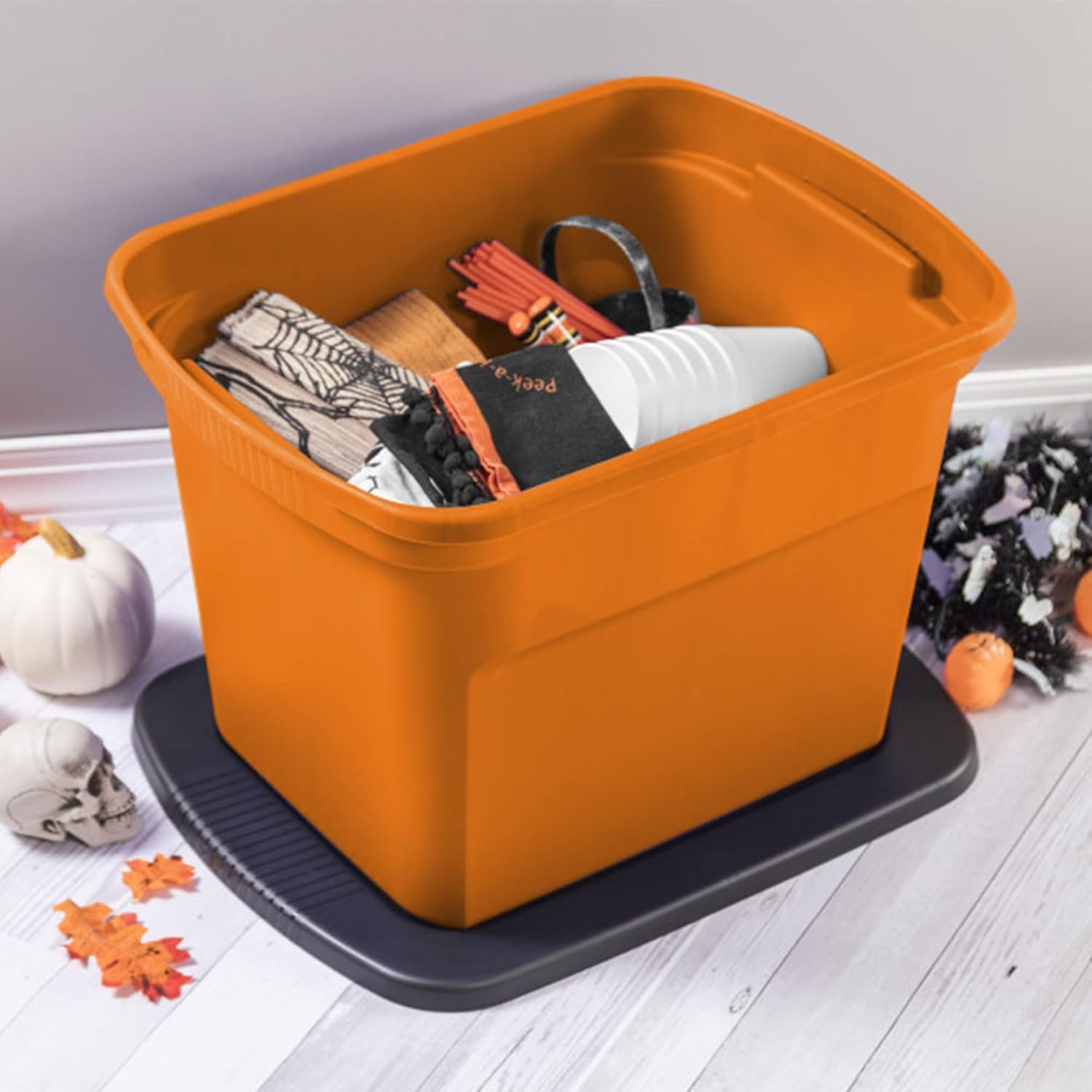 image:imageSterilite 18 Gal Storage Tote Stackable Bin with Lid Plastic Container to Organize Halloween Decorations in Closet Orange Base and Lid 16Pack