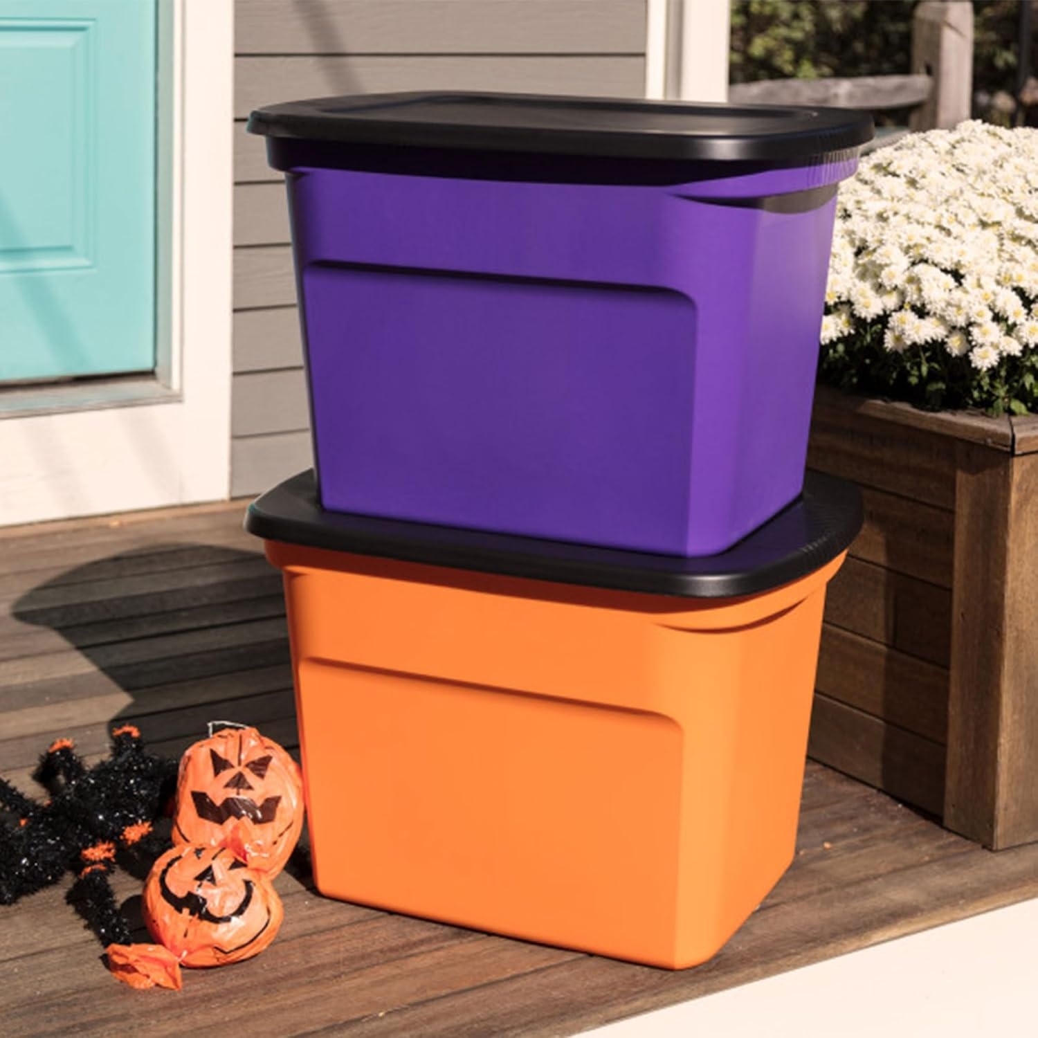 image:imageSterilite 18 Gal Storage Tote Stackable Bin with Lid Plastic Container to Organize Halloween Decorations in Closet Orange Base and Lid 16Pack