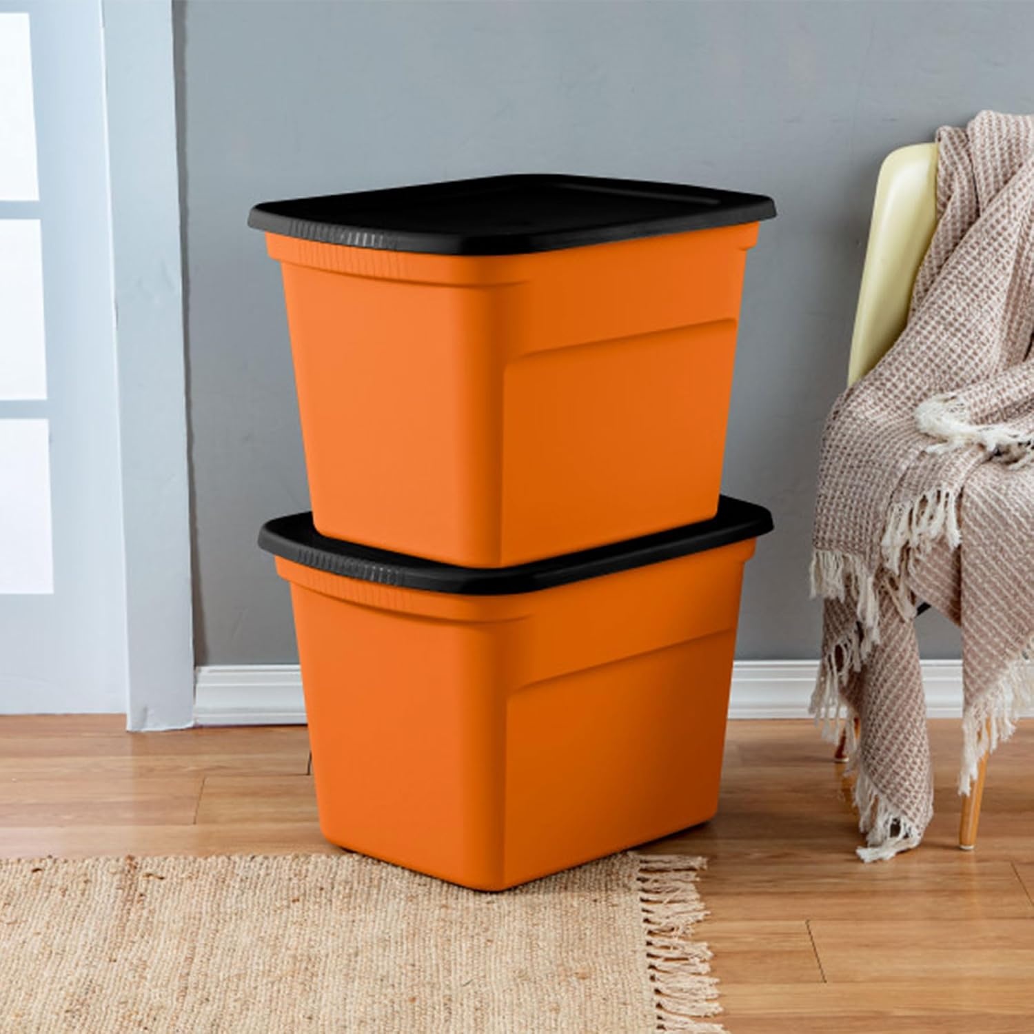 image:imageSterilite 18 Gal Storage Tote Stackable Bin with Lid Plastic Container to Organize Halloween Decorations in Closet Orange Base and Lid 16Pack