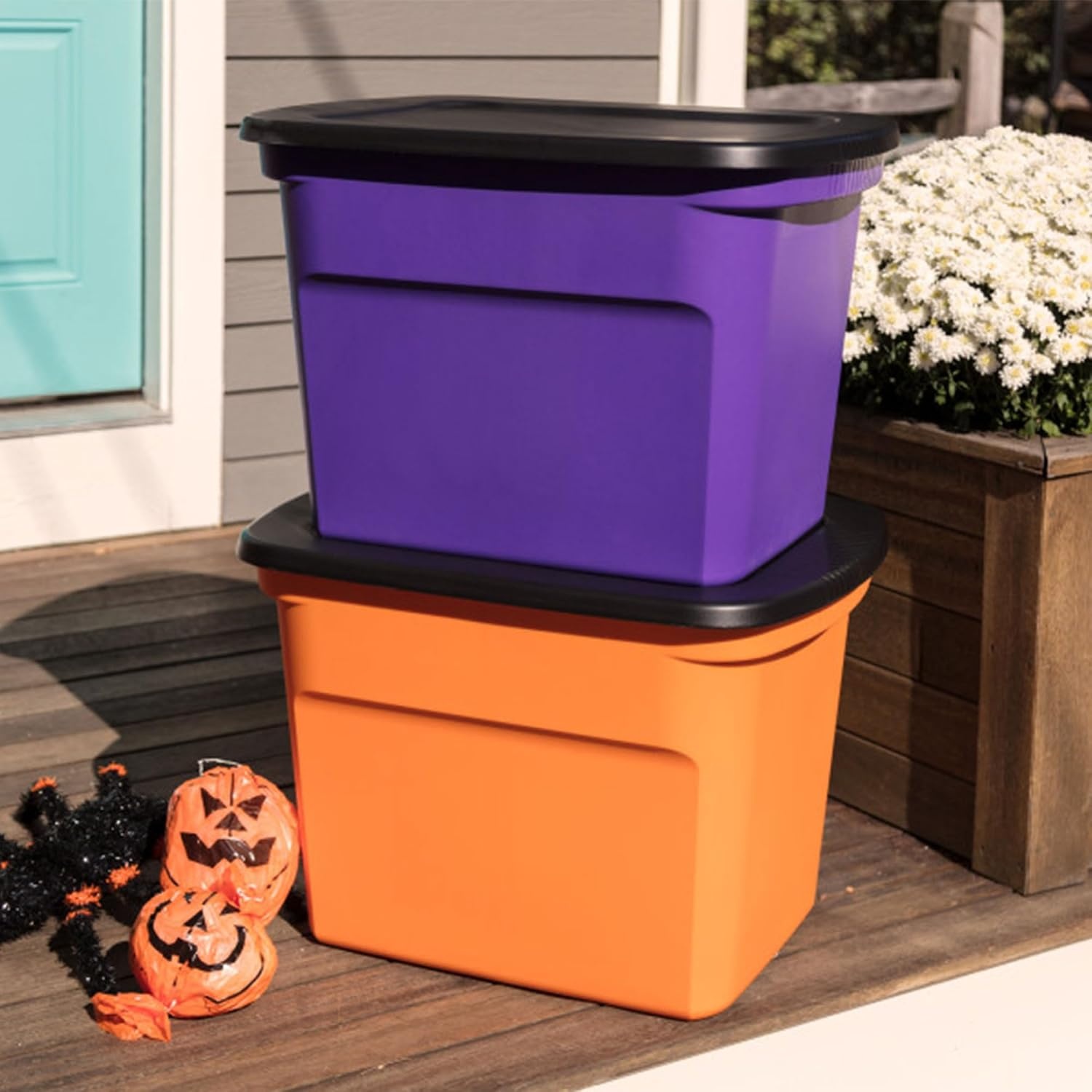 image:imageSterilite 18 Gal Storage Tote Stackable Bin with Lid Plastic Container to Organize Halloween Decorations in Closet Orange Base and Lid 16Pack