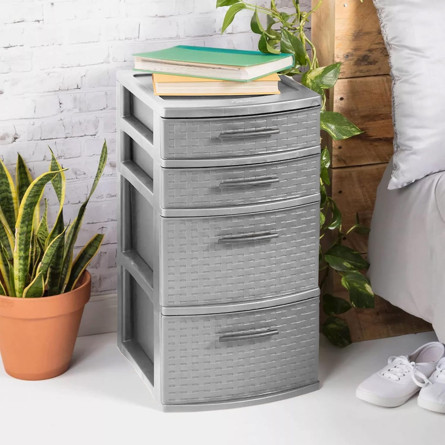 image:imageSterilite 26226A02 Plastic 4 Drawer Organizer Storage Tower with Medium Weave Drawer Fronts and EasyPull Handles Gray 4 Pack
