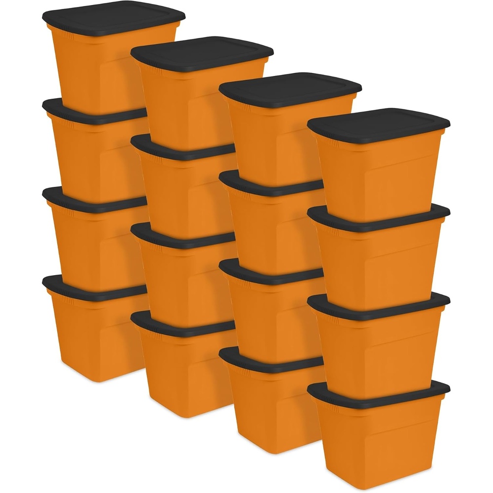 image:imageSterilite 18 Gal Storage Tote Stackable Bin with Lid Plastic Container to Organize Halloween Decorations in Closet Orange Base and Lid 16Pack