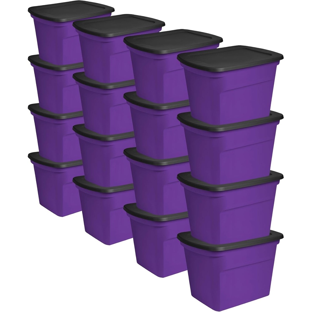 image:imageSterilite 18 Gal Storage Tote Stackable Bin with Lid Plastic Container to Organize Halloween Decorations in Closet Purple Base and Lid 16Pack