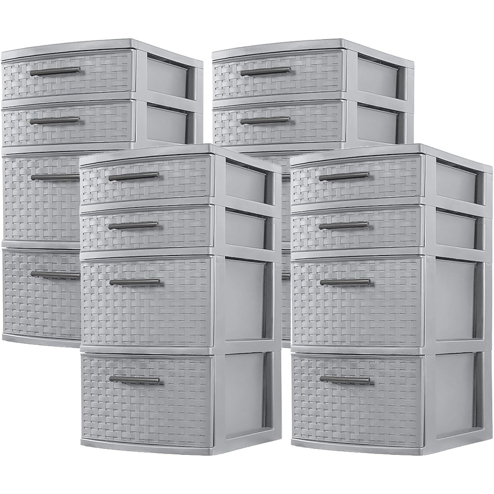 image:imageSterilite 26226A02 Plastic 4 Drawer Organizer Storage Tower with Medium Weave Drawer Fronts and EasyPull Handles Gray 4 Pack