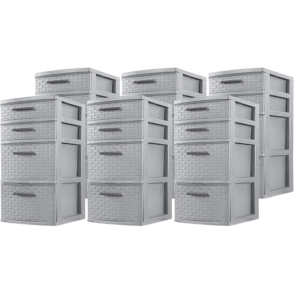 image:imageSterilite 26226A02 Plastic 4 Drawer Organizer Storage Tower with Medium Weave Drawer Fronts and EasyPull Handles Gray 6 Pack