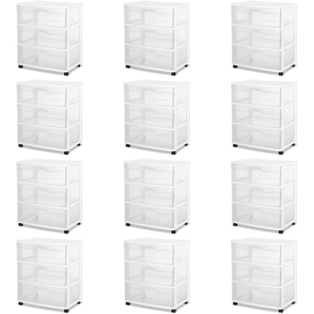 image:imageSterilite At Home Plastic 3 Drawer Wide Storage Cart Container with Removeable Casters for Bathroom Bedroom and Dorm Organization 12 Pack