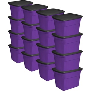 Sterilite 18 Gal Storage Tote, Stackable Bin with Lid, Plastic Container to Organize Halloween Decorations in Closet, Purple Base and Lid, 16-Pack