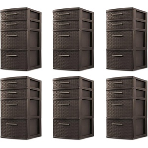 Sterilite 26226P02 4 Drawer Organizer Storage Tower with Medium Weave Drawer Fronts and Easy-Pull Handles, Espresso Brown (6 Pack)