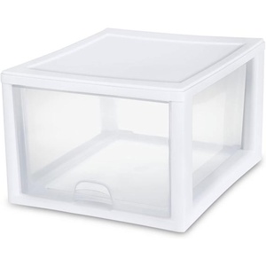 Sterilite 27 Quart White Frame Clear Plastic Stackable Storage Container Bin w/Single Drawer for Craft, Pantry, Sink, & Desktop Organization, 32 Pack(32)