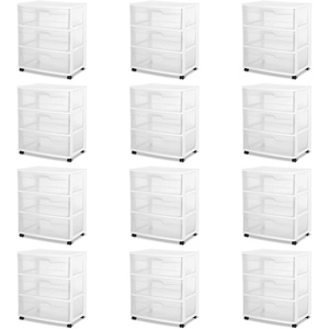 Sterilite At Home Plastic 3 Drawer Wide Storage Cart Container with Removeable Casters for Bathroom, Bedroom, and Dorm Organization (12 Pack)