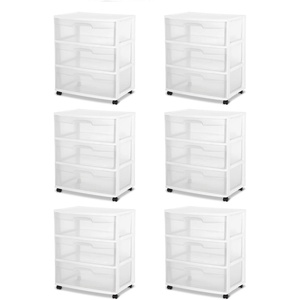 Sterilite At Home Plastic 3 Drawer Wide Storage Cart Container with Removeable Casters for Bathroom, Bedroom, and Dorm Organization (6 Pack)