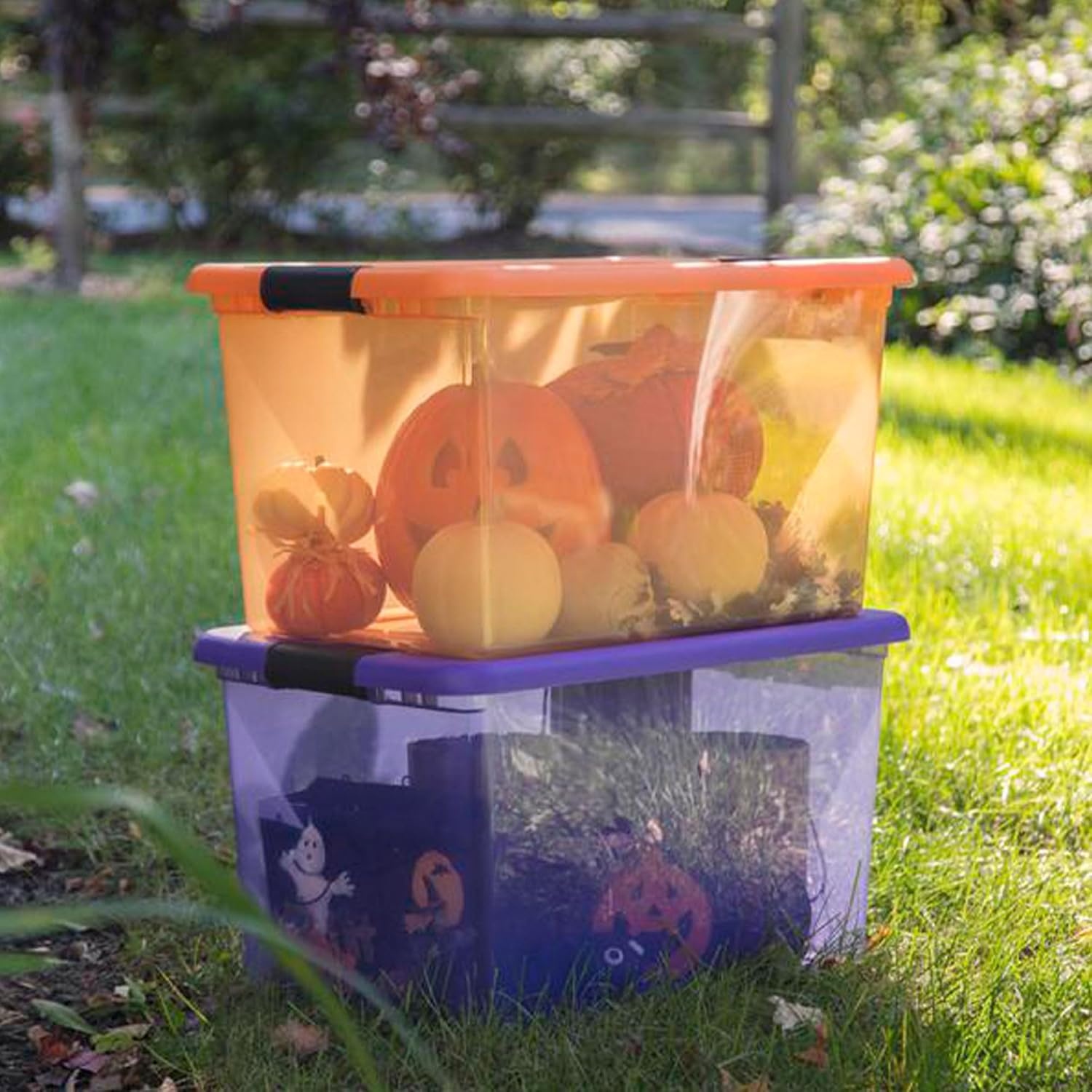 image:imageSterilite 64 Qt Latching Storage Box Stackable Bin with Latch Lid Plastic Container to Organize Halloween Decor Purple Tint with Purple Lid 18Pack