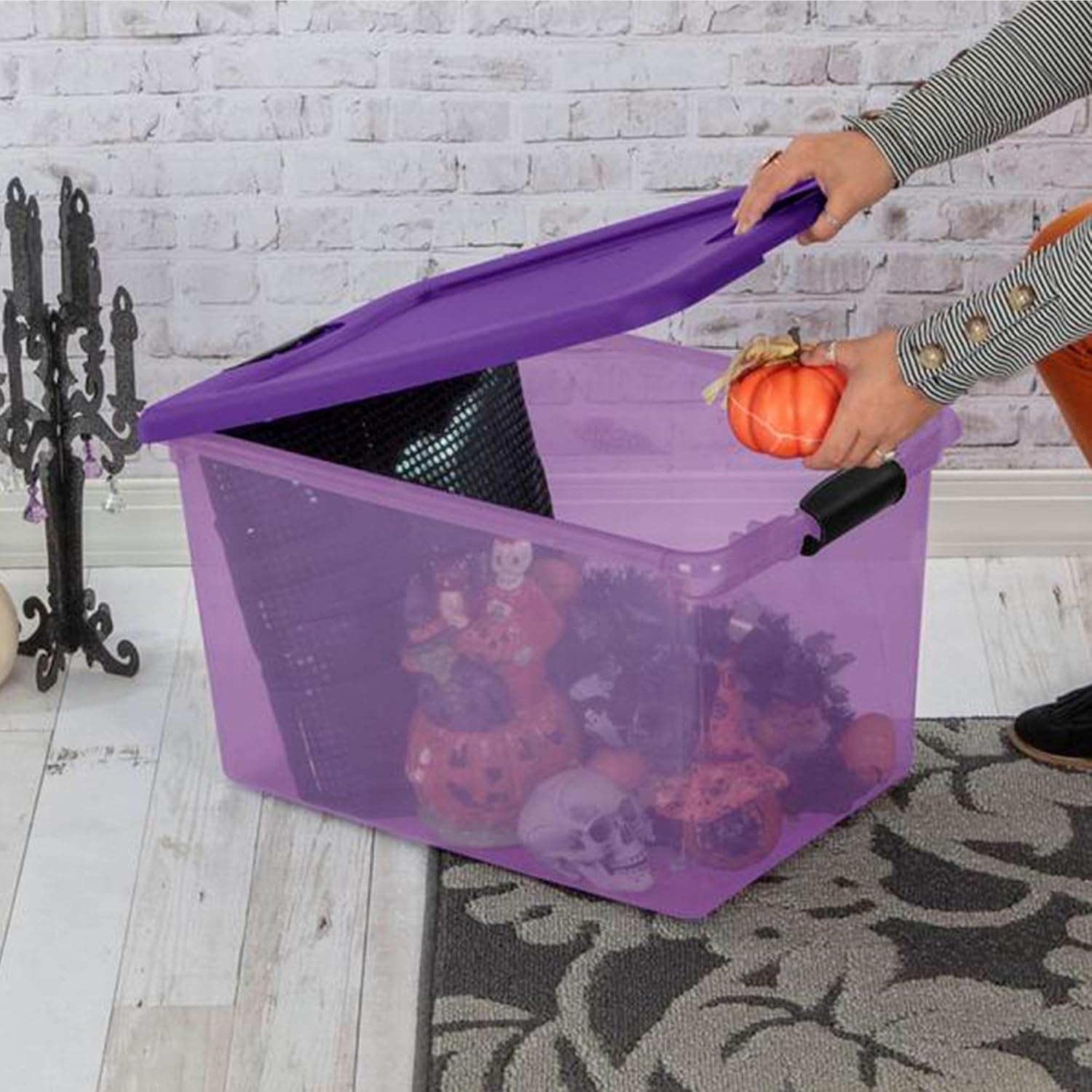 image:imageSterilite 64 Qt Latching Storage Box Stackable Bin with Latch Lid Plastic Container to Organize Halloween Decor Purple Tint with Purple Lid 18Pack