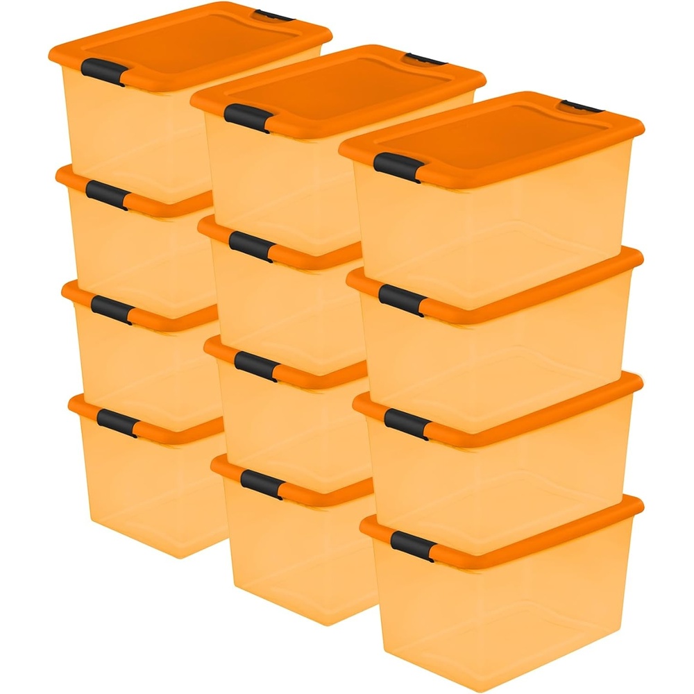 image:imageSterilite 64 Qt Latching Storage Box Stackable Bin with Latch Lid Plastic Container to Organize Halloween Decor Orange Tint with Orange Lid 12Pack